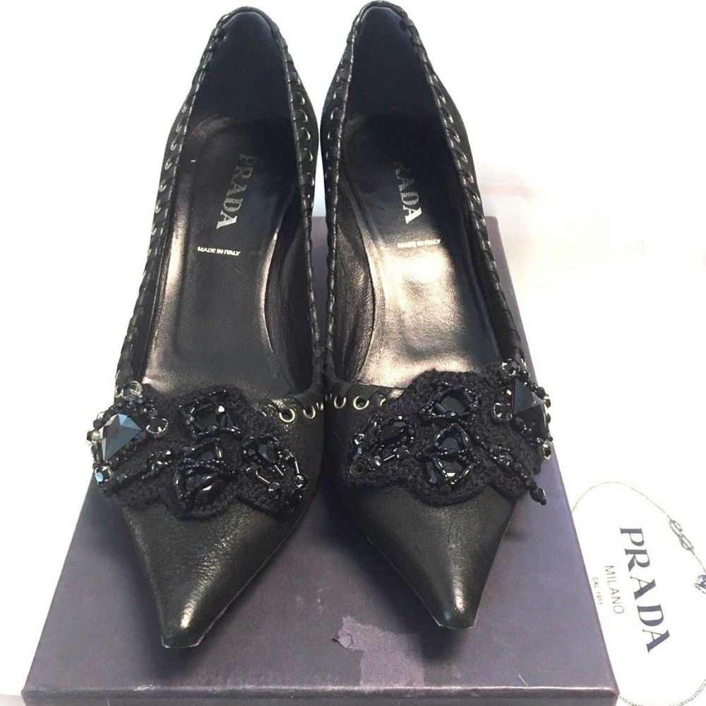 Prada Black Classic Pumps w Black Jewels & Lacing